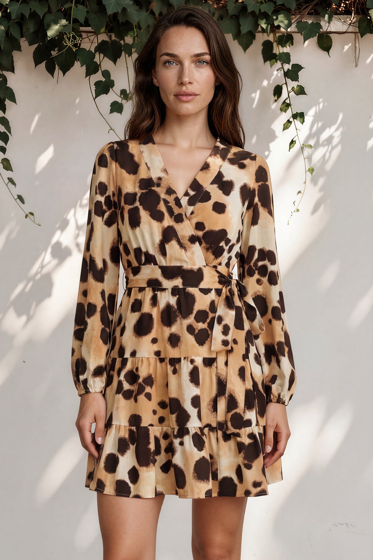 Model wearing Sybil Mini Dress in Leopard Print from Salty Crush