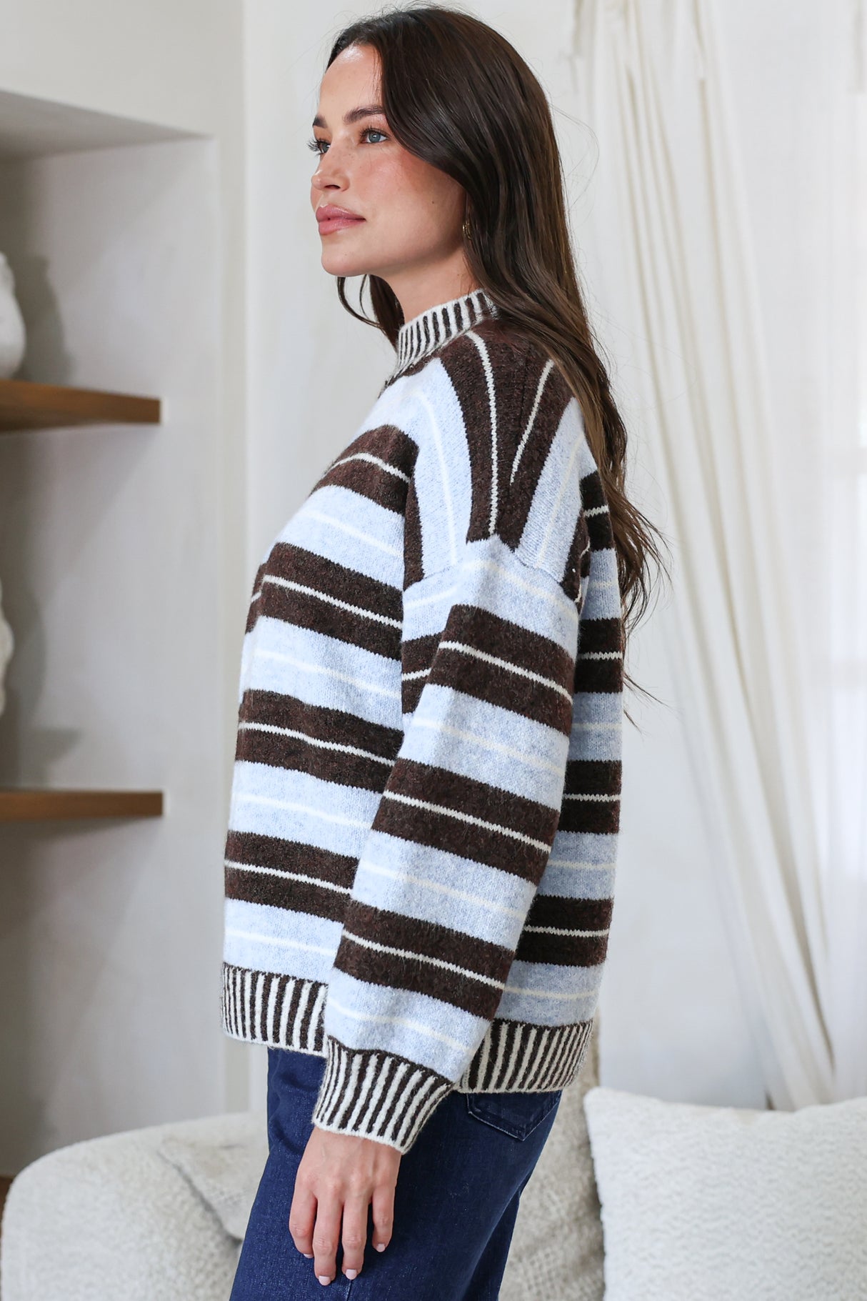 Sylvan Jumper - Mock Neck Striped Ribbed Hem Knit in Blue/Chocolate