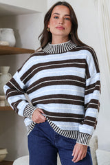 Sylvan Jumper - Mock Neck Striped Ribbed Hem Knit in Blue/Chocolate