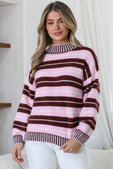 Sylvan Jumper - Mock Neck Striped Ribbed Hem Knit in Pink/Wine