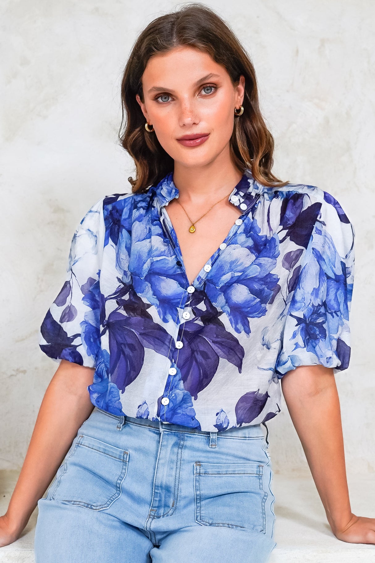 Sylvie Blouse - Pleated Mandarin Collar Button Front Short Sleeve Blouse in Primrose Print Blue