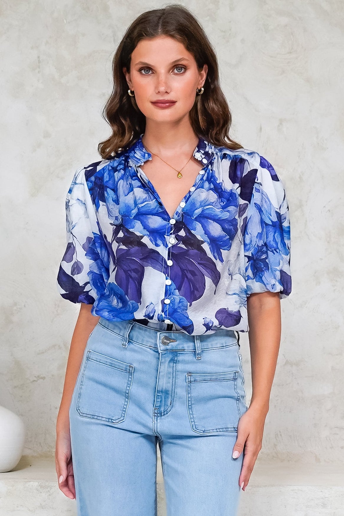 Sylvie Blouse - Pleated Mandarin Collar Button Front Short Sleeve Blouse in Primrose Print Blue