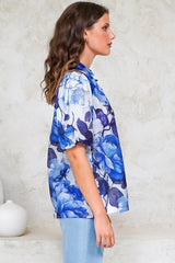 Sylvie Blouse - Pleated Mandarin Collar Button Front Short Sleeve Blouse in Primrose Print Blue