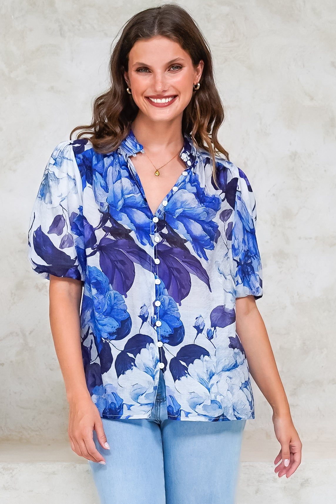 Sylvie Blouse - Pleated Mandarin Collar Button Front Short Sleeve Blouse in Primrose Print Blue