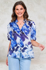 Sylvie Blouse - Pleated Mandarin Collar Button Front Short Sleeve Blouse in Primrose Print Blue