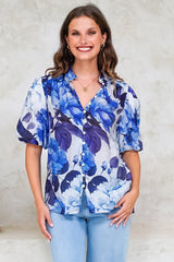Sylvie Blouse - Pleated Mandarin Collar Button Front Short Sleeve Blouse in Primrose Print Blue