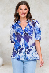 Sylvie Blouse - Pleated Mandarin Collar Button Front Short Sleeve Blouse in Primrose Print Blue