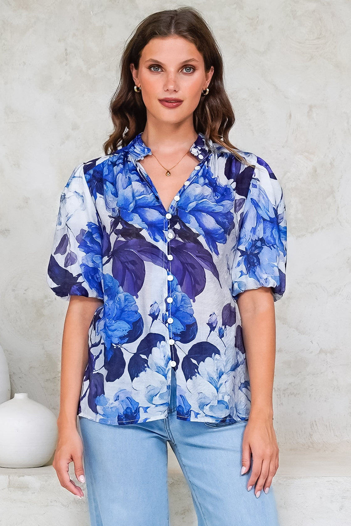 Sylvie Blouse - Pleated Mandarin Collar Button Front Short Sleeve Blouse in Primrose Print Blue