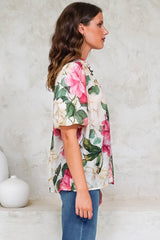 Sylvie Blouse - Pleated Mandarin Collar Button Front Short Sleeve Blouse in Primrose Print Pink