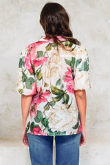 Sylvie Blouse - Pleated Mandarin Collar Button Front Short Sleeve Blouse in Primrose Print Pink