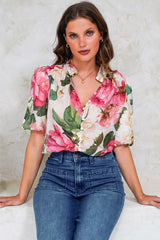 Sylvie Blouse - Pleated Mandarin Collar Button Front Short Sleeve Blouse in Primrose Print Pink