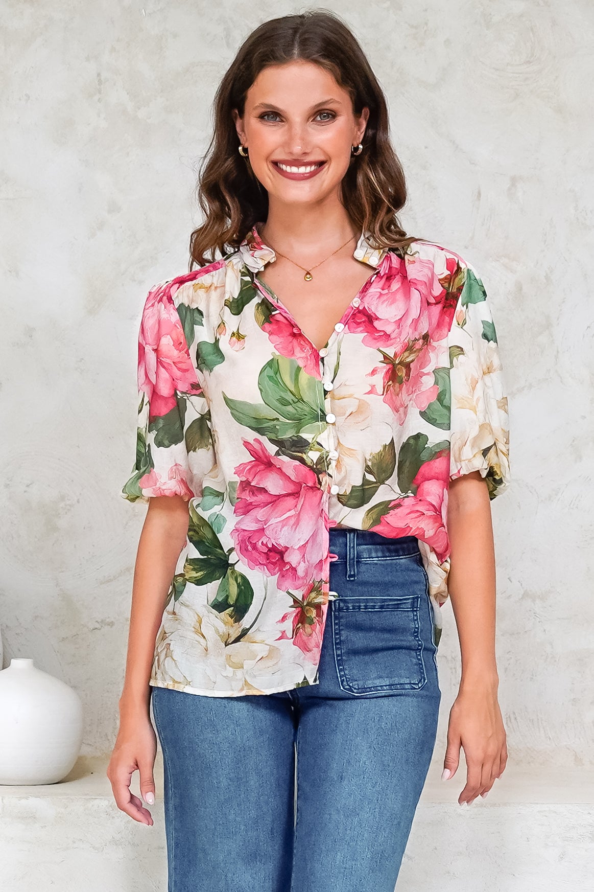 Sylvie Blouse - Pleated Mandarin Collar Button Front Short Sleeve Blouse in Primrose Print Pink