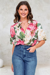 Sylvie Blouse - Pleated Mandarin Collar Button Front Short Sleeve Blouse in Primrose Print Pink