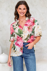 Sylvie Blouse - Pleated Mandarin Collar Button Front Short Sleeve Blouse in Primrose Print Pink