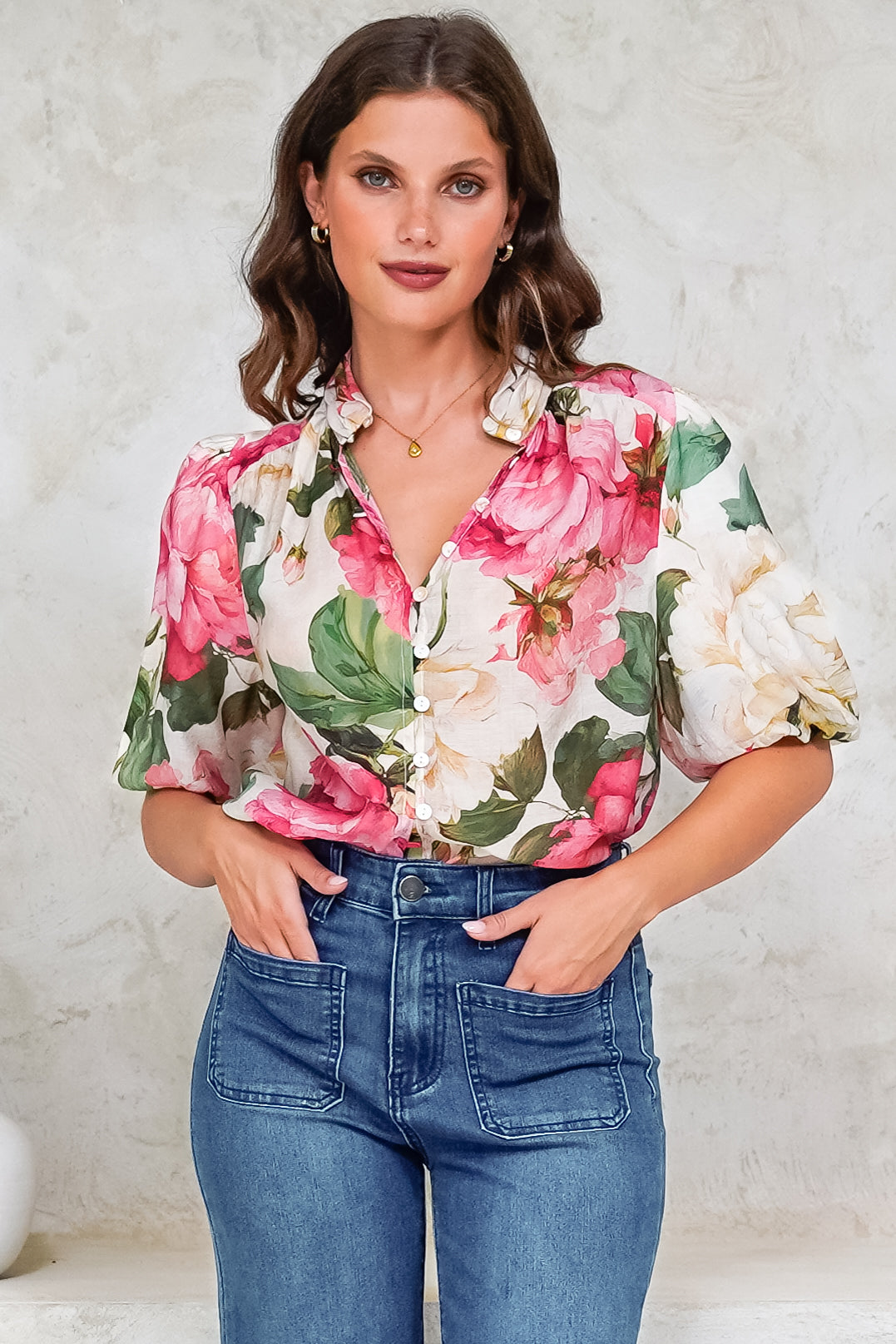 Sylvie Blouse - Pleated Mandarin Collar Button Front Short Sleeve Blouse in Primrose Print Pink