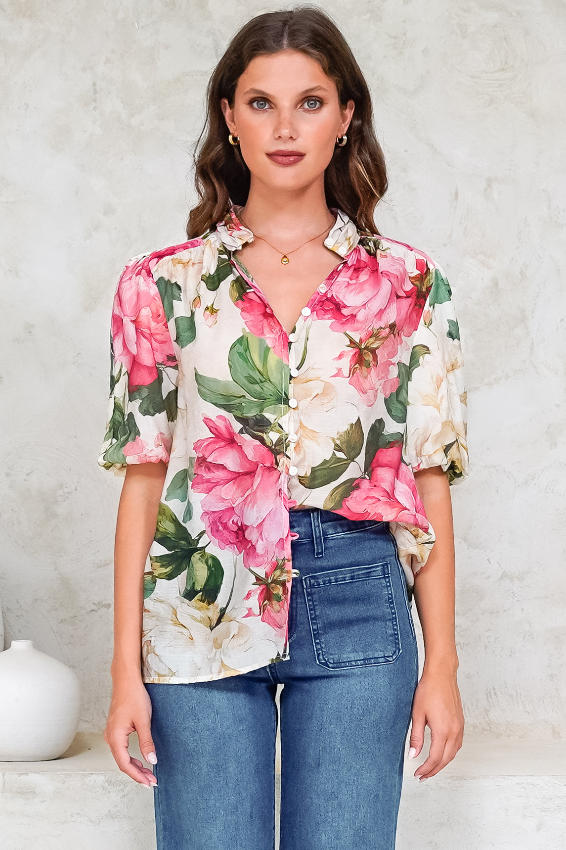 Sylvie Blouse - Pleated Mandarin Collar Button Front Short Sleeve Blouse in Primrose Print Pink