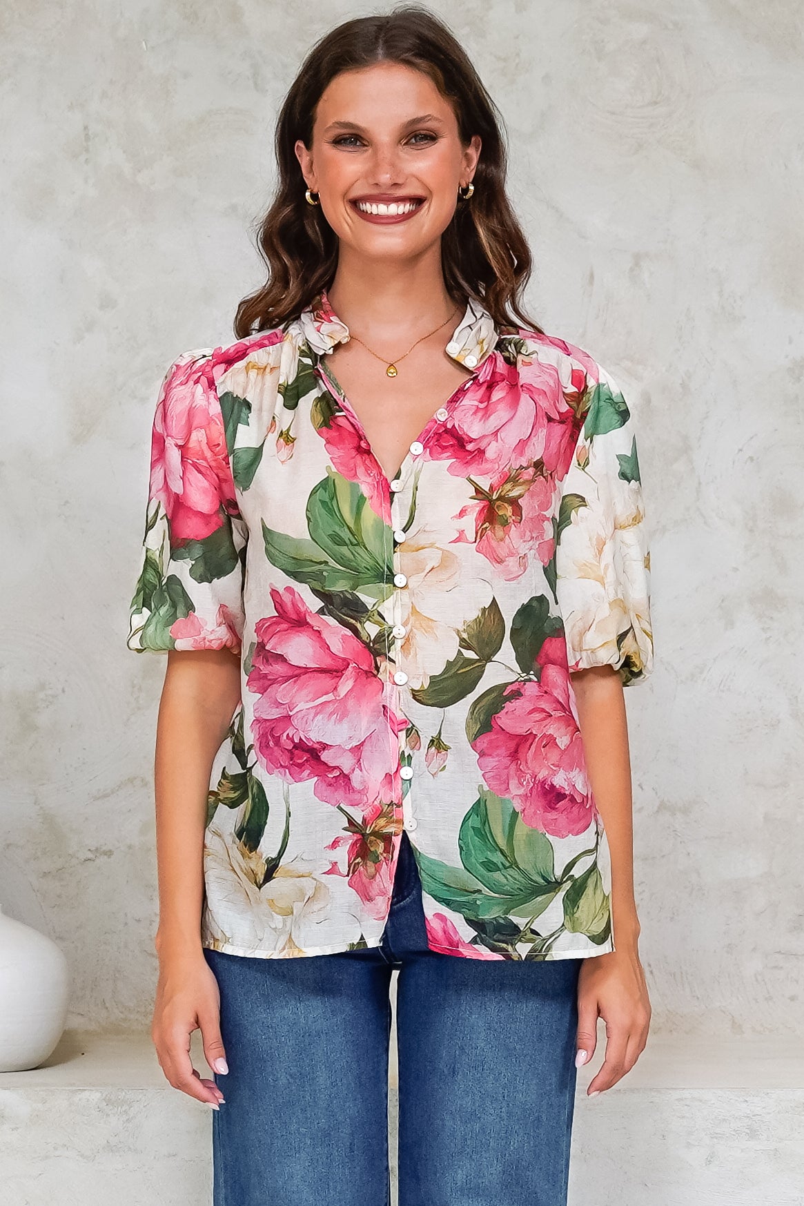 Sylvie Blouse - Pleated Mandarin Collar Button Front Short Sleeve Blouse in Primrose Print Pink