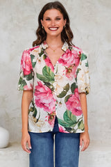 Sylvie Blouse - Pleated Mandarin Collar Button Front Short Sleeve Blouse in Primrose Print Pink