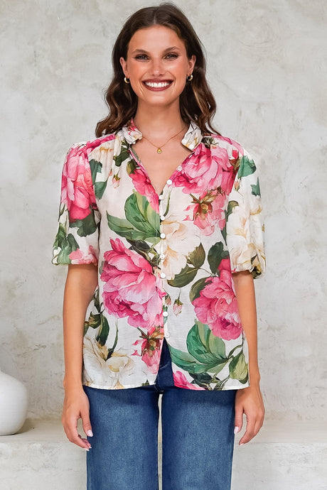 Sylvie Blouse - Pleated Mandarin Collar Button Front Short Sleeve Blouse in Primrose Print Pink