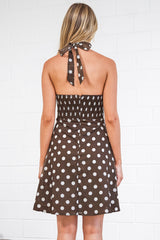 Sylvie Mini Dress - Halterneck A Line Dress in Chocolate Polka Dot
