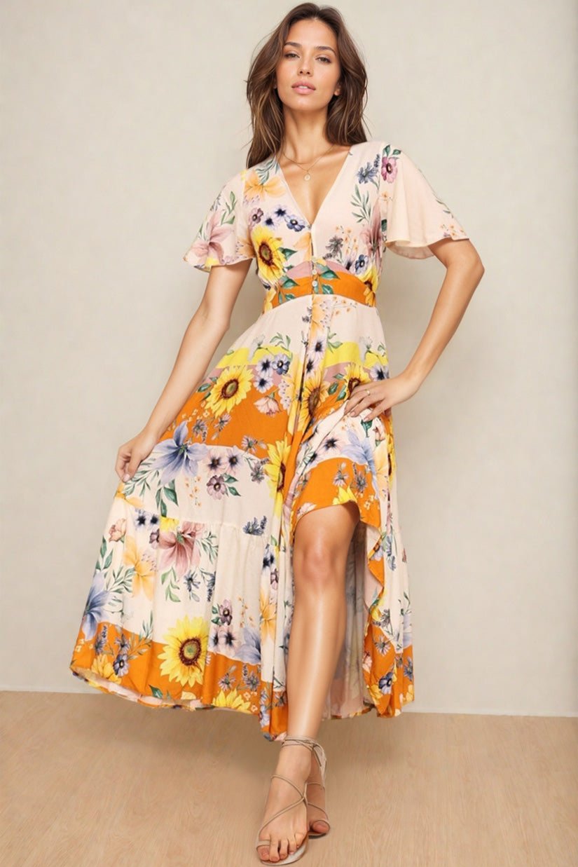 Libby Maxi Dress - Flutter Cap Sleeve Button Waist Detailed A Line Dress in Tansy Print