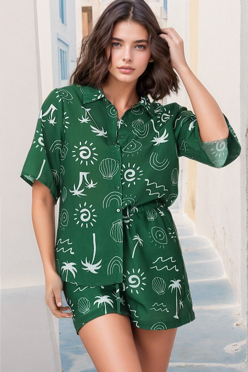 Talitha Button Up Shirt And Shorts Set - Maui Print in Green