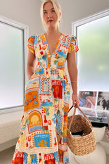 JAASE - Tabitha Maxi Dress: A Line Cap Sleeve Dress in Sun Lounger Print