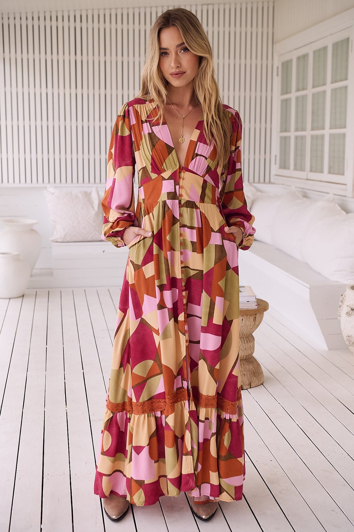 JAASE - Tabitha Maxi Dress: A Line Long Sleeve Dress in Freya Print