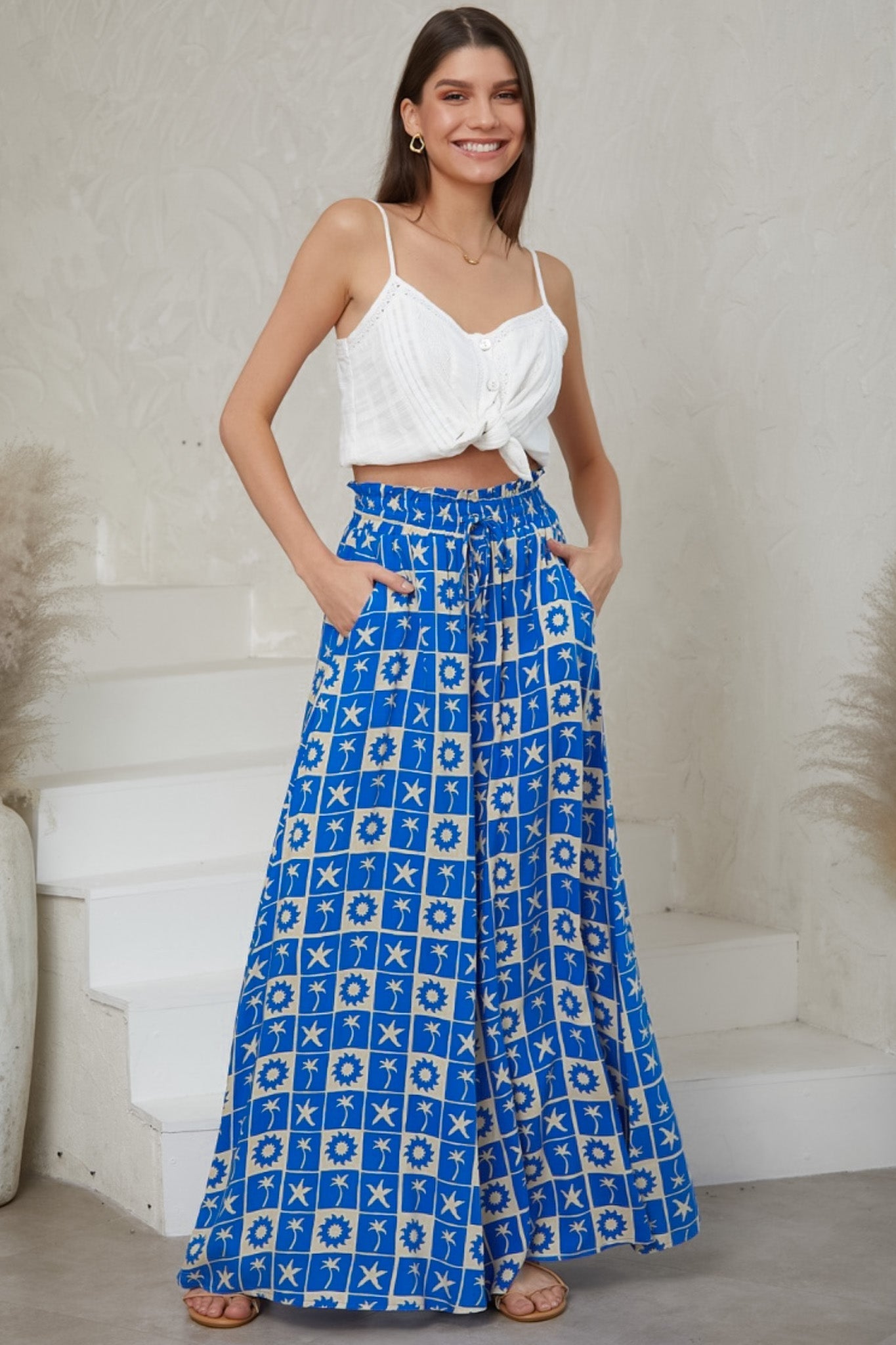 Talia Pants - Paper Bag High Waisted Wide Leg Pants with Graphic Print