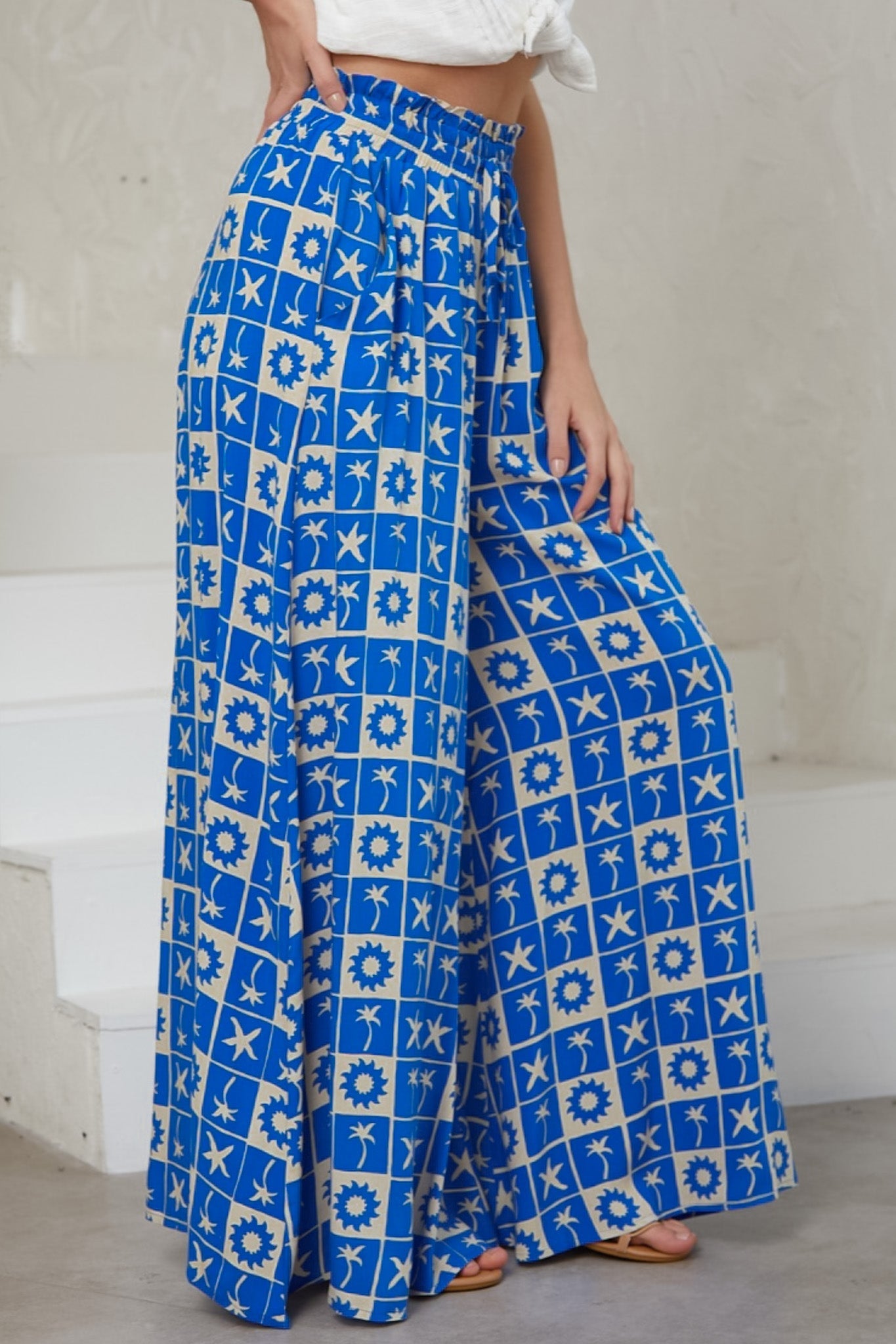 Talia Pants - Paper Bag High Waisted Wide Leg Pants with Graphic Print