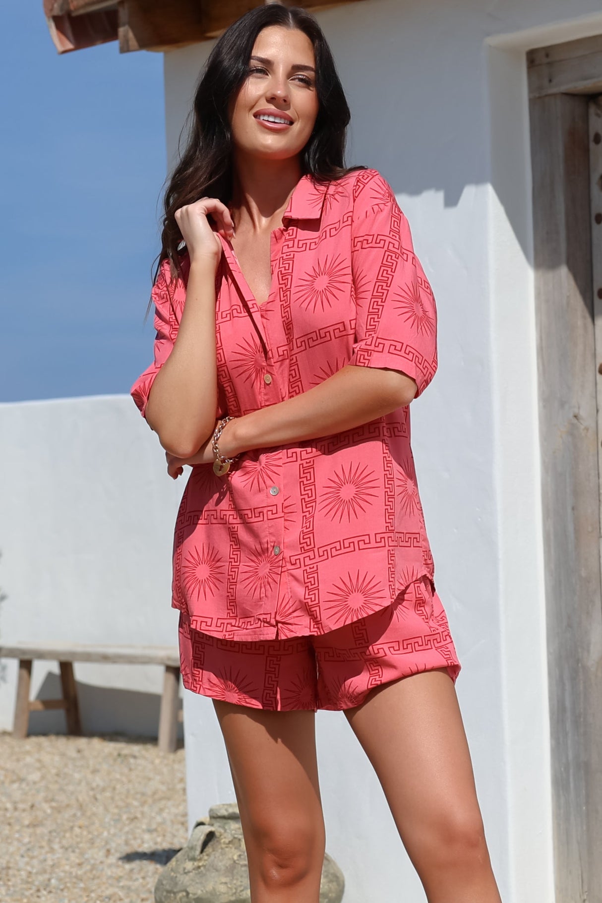 Talitha Button Up Shirt And Shorts Set - Astra Print in Pink