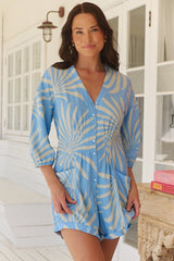 Tallow Playsuit - Trumpet Sleeve Relaxed Playsuit in Floating Palms Print