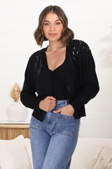 Tanna Cardigan - Beaded Sequin Button Up Cardigan in Black