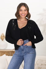 Tanna Cardigan - Beaded Sequin Button Up Cardigan in Black