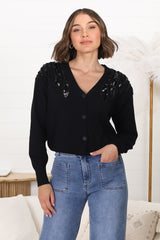 Tanna Cardigan - Beaded Sequin Button Up Cardigan in Black