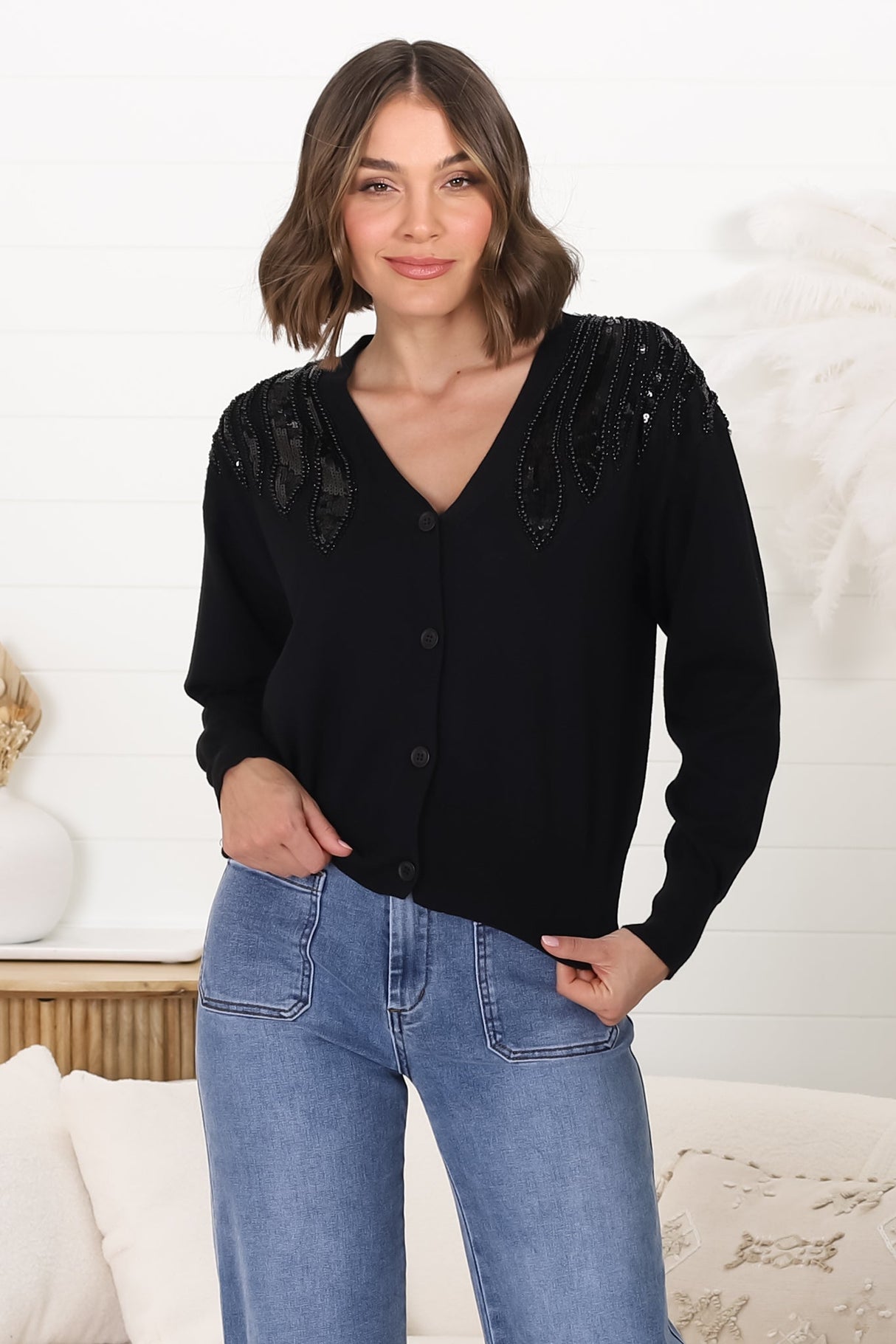 Tanna Cardigan - Beaded Sequin Button Up Cardigan in Black