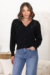 Tanna Cardigan - Beaded Sequin Button Up Cardigan in Black