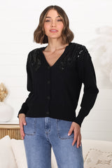 Tanna Cardigan - Beaded Sequin Button Up Cardigan in Black