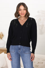 Tanna Cardigan - Beaded Sequin Button Up Cardigan in Black