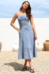 Tasha Midi Dress - Spaghetti Strap A-Line Denim Sun Dress in Light Denim