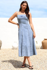 Tasha Midi Dress - Spaghetti Strap A-Line Denim Sun Dress in Light Denim