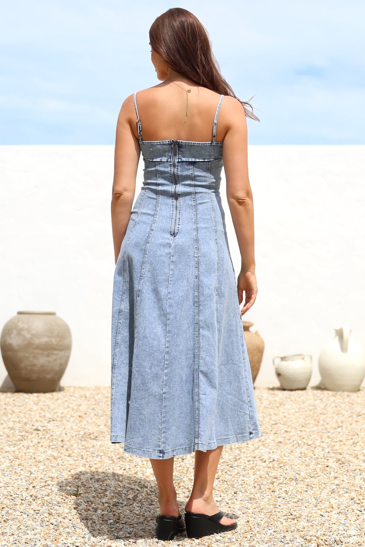 Tasha Midi Dress - Spaghetti Strap A-Line Denim Sun Dress in Light Denim