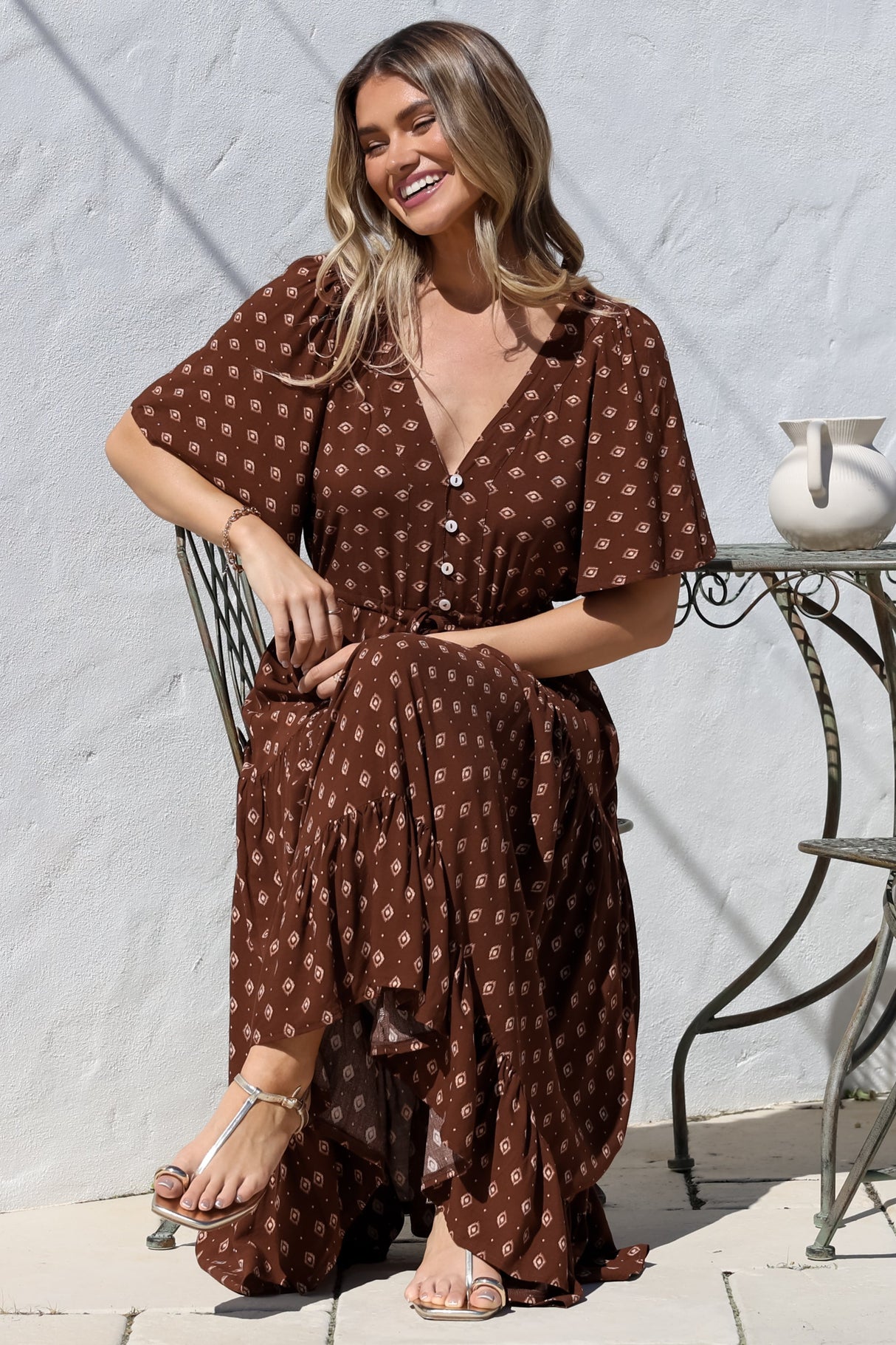 Tassia Maxi Dress - Buttoned Bodice Pull Tie Waist Dress in Kendy Print