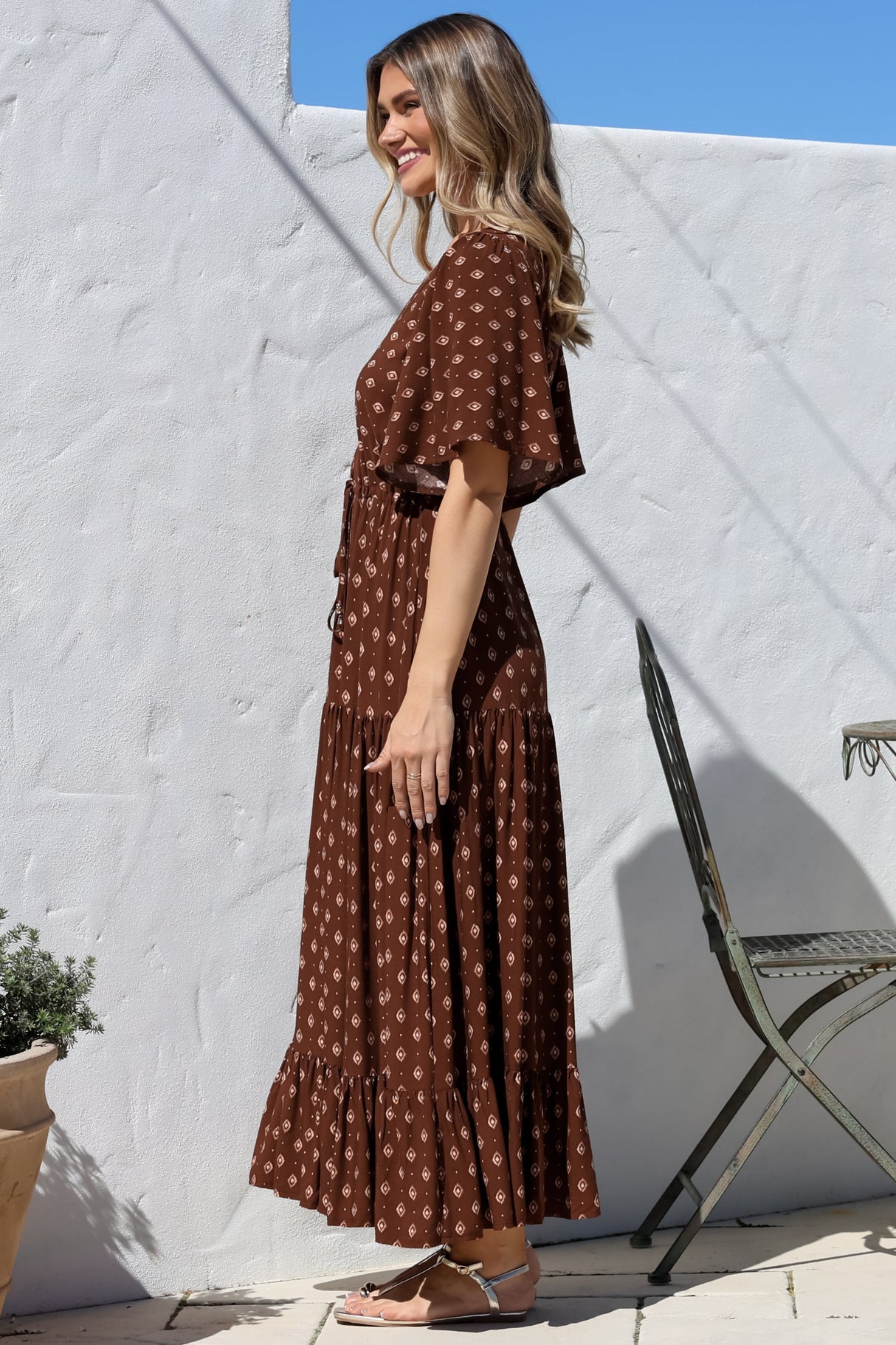 Tassia Maxi Dress - Buttoned Bodice Pull Tie Waist Dress in Kendy Print