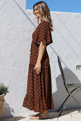 Tassia Maxi Dress - Buttoned Bodice Pull Tie Waist Dress in Kendy Print