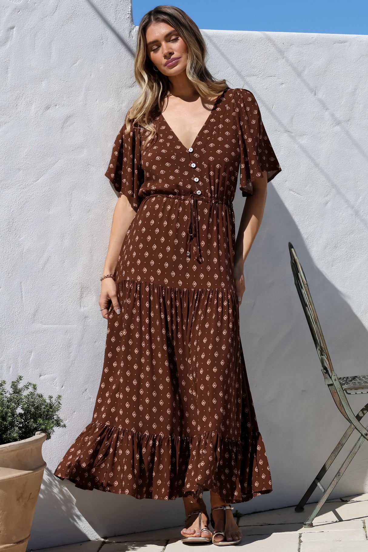 Tassia Maxi Dress - Buttoned Bodice Pull Tie Waist Dress in Kendy Print