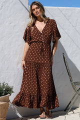 Tassia Maxi Dress - Buttoned Bodice Pull Tie Waist Dress in Kendy Print