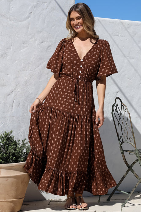 Tassia Maxi Dress - Buttoned Bodice Pull Tie Waist Dress in Kendy Print