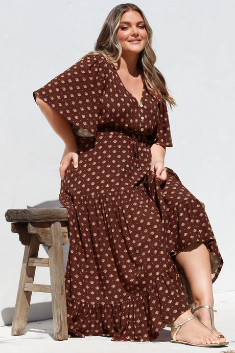 Tassia Maxi Dress - Buttoned Bodice Pull Tie Waist Dress in Kendy Print