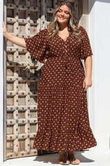 Tassia Maxi Dress - Buttoned Bodice Pull Tie Waist Dress in Kendy Print